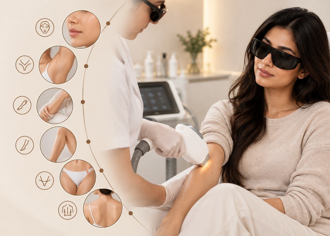 Laser hair removal treatment at Skinline, with treatable areas including face, underarms, arms, legs, bikini line and back