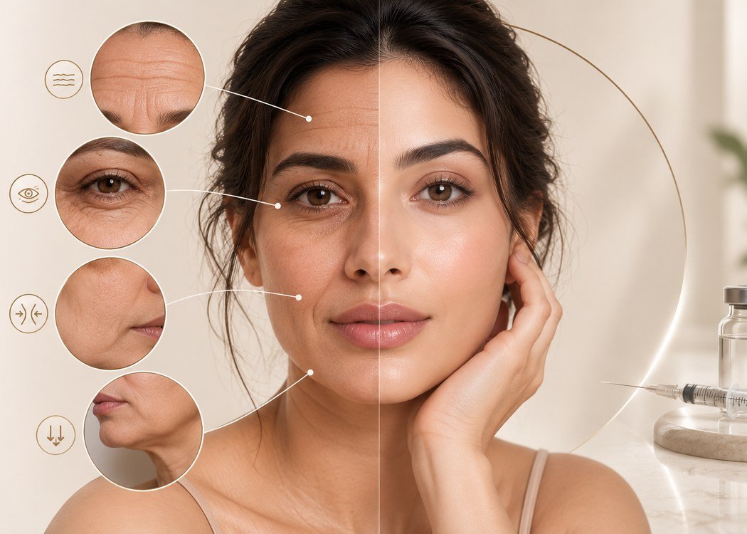 Aesthetic procedures at Skinline: forehead lines, crow’s feet, smile lines and jawline, before and after