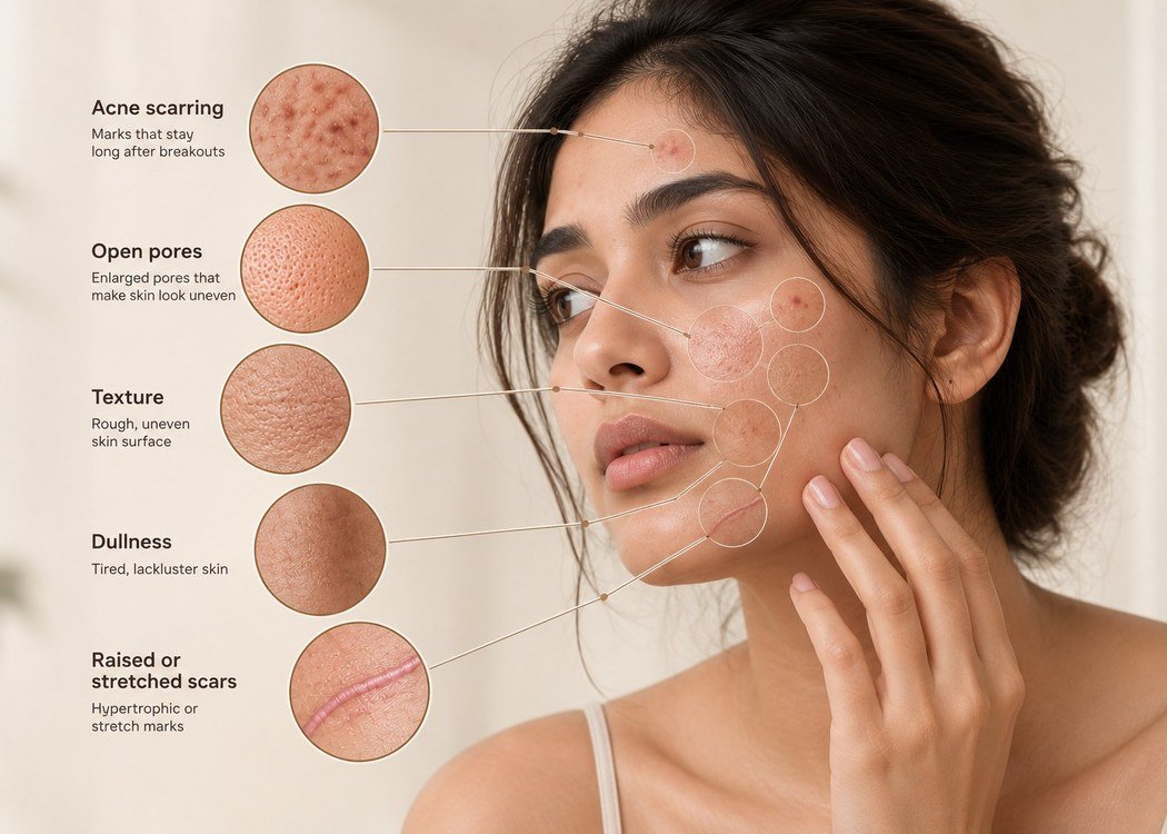 Skin concerns treated at Skinline: acne scarring, open pores, texture, dullness, and raised or stretched scars