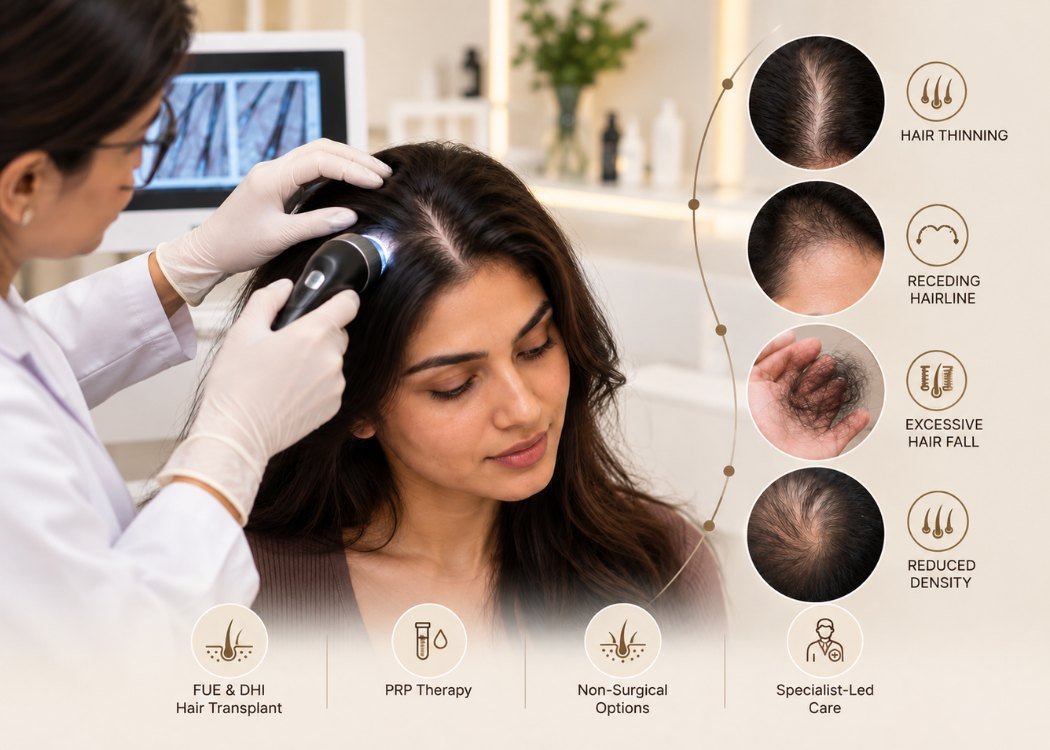 Hair restoration at Skinline: hair thinning, receding hairline, excessive hair fall and reduced density, treated with FUE and DHI transplant, PRP therapy and non-surgical options